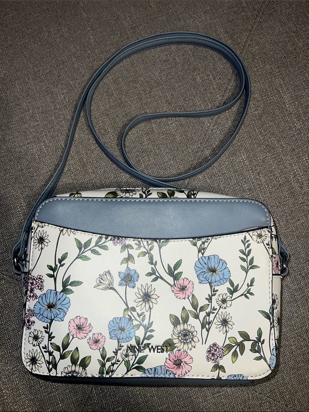 Nine West White Floral Crossbody with Blue Trim